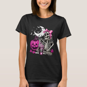Halloween Skeleton Drinking Coffee Pink Coquette B T-Shirt