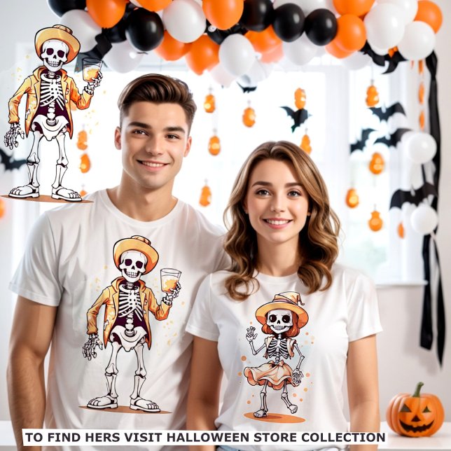 Halloween skeleton drinking king T-Shirt (Halloween couple matching tshirt female skeleton male skeleton celebrating halloween.)