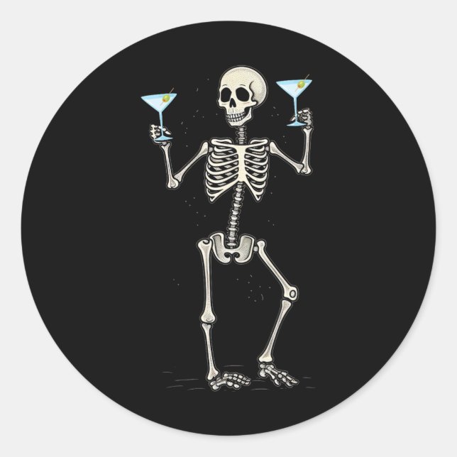 Halloween Skeleton Drinking Martini Tail  Classic Round Sticker (Front)