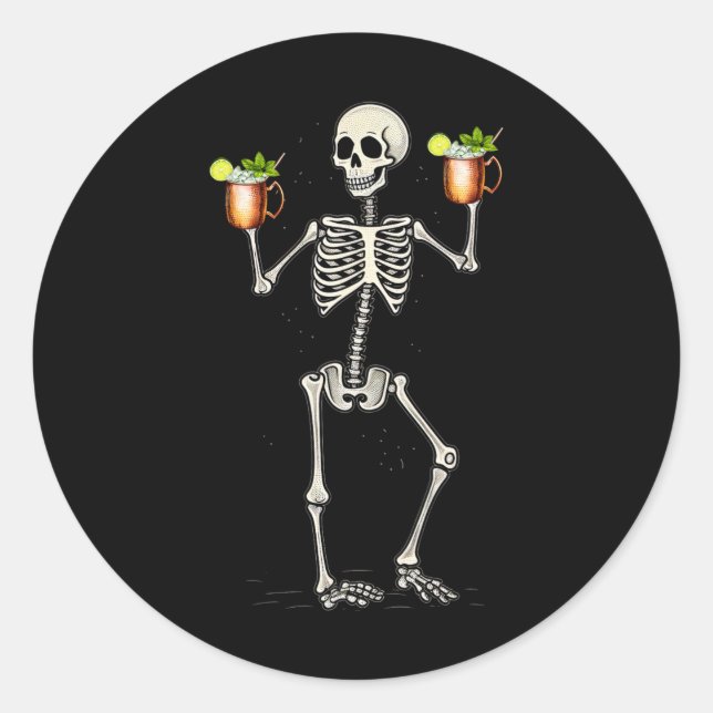 Halloween Skeleton Drinking Moscow Mule Tail  Classic Round Sticker (Front)