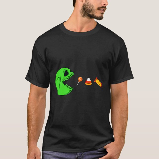 Halloween Skeleton Eats Candy Fun Boys Girls Kids  T-Shirt (Front)