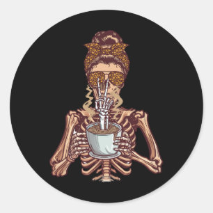 Halloween Skeleton Enjoying Coffee Messy Bun Horro Classic Round Sticker
