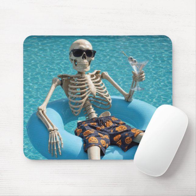 Halloween Skeleton Floating in a Swimming Pool Mouse Pad (With Mouse)