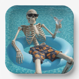 Halloween Skeleton Floating in a Swimming Pool Paper Plate