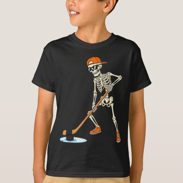 Halloween Skeleton Funny Hockey For Boys Teens Men T-Shirt (Front)