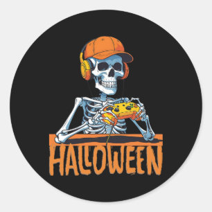 Halloween Skeleton Gamer Funny Video Gaming Boys M Classic Round Sticker