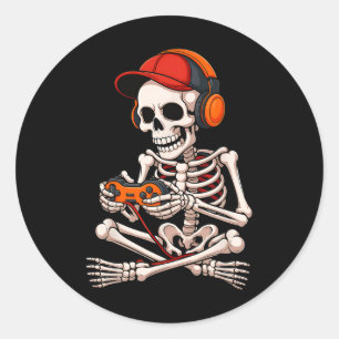 Halloween Skeleton Gamer Funny Video Gaming Boys M Classic Round Sticker