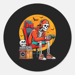 Halloween Skeleton Gamer Funny Video Gaming Hallow Classic Round Sticker