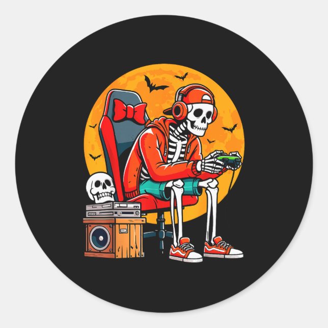 Halloween Skeleton Gamer Funny Video Gaming Hallow Classic Round Sticker (Front)