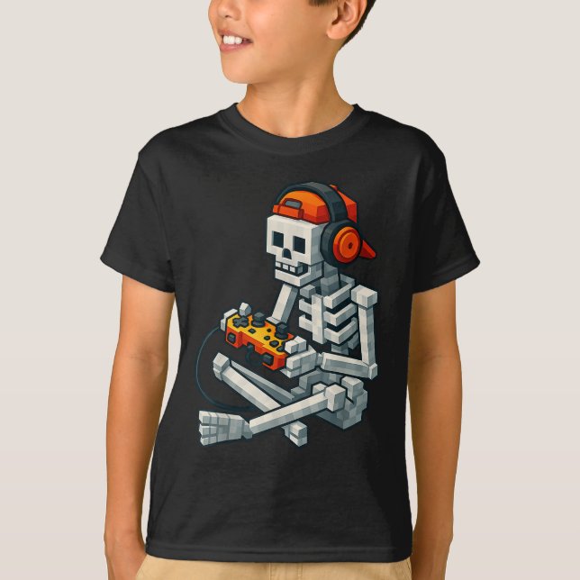 Halloween Skeleton Gamer Pixel Video Gaming Boys M T-Shirt (Front)