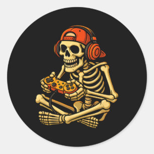 Halloween Skeleton Gamer Video Gaming Boys Men Kid Classic Round Sticker