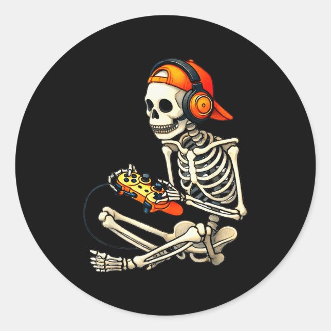 Halloween Skeleton Gamer Video Gaming Boys Men Kid Classic Round Sticker (Front)