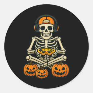 Halloween Skeleton Gamer Video Gaming Boys Men Kid Classic Round Sticker