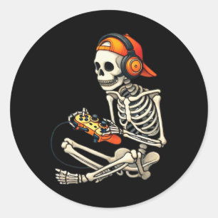 Halloween Skeleton Gamer Video Gaming Boys Men Kid Classic Round Sticker