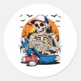 Halloween Skeleton Gamer Video Gaming Boys Men Kid Classic Round Sticker