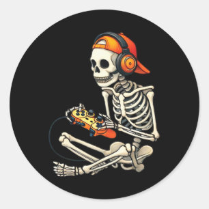 Halloween Skeleton Gamer Video Gaming Boys Men Kid Classic Round Sticker