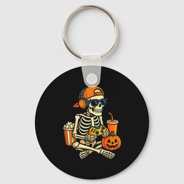 Halloween Skeleton Gamer Video Gaming Boys Men Kid Key Ring (Front)