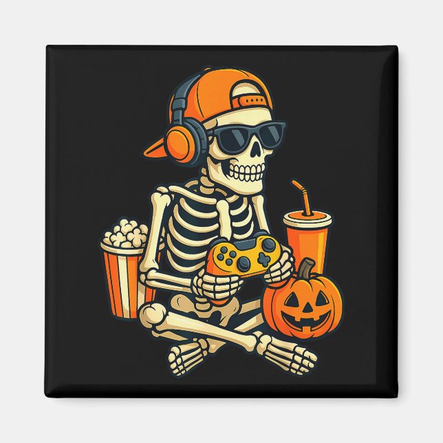 Halloween Skeleton Gamer Video Gaming Boys Men Kid Magnet (Front)