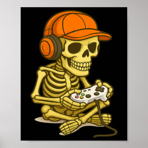 Halloween Skeleton Gamer Video Gaming Boys Men Kid Poster