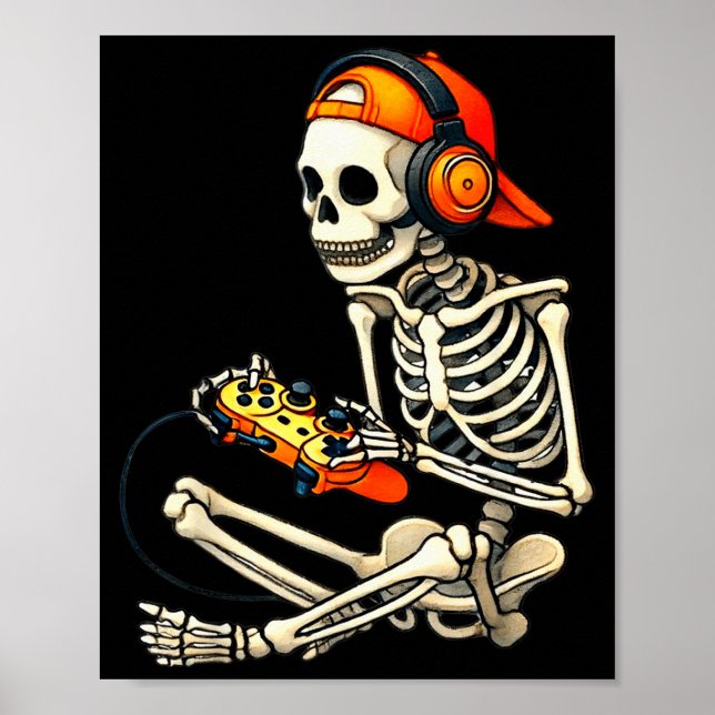 Halloween Skeleton Gamer Video Gaming Boys Men Kid Poster (Front)