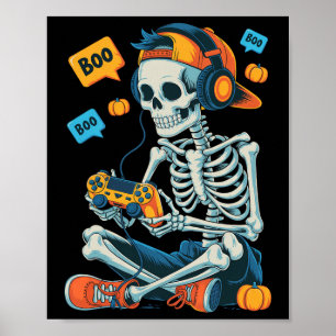 Halloween Skeleton Gamer Video Gaming Boys Men Kid Poster