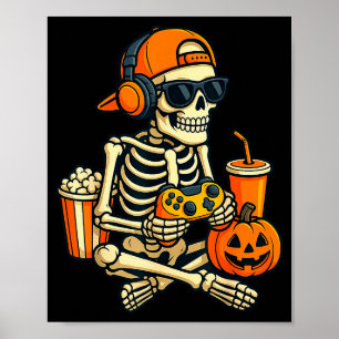 Halloween Skeleton Gamer Video Gaming Boys Men Kid Poster