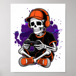 Halloween Skeleton Gamer Video Gaming Boys Men Kid Poster