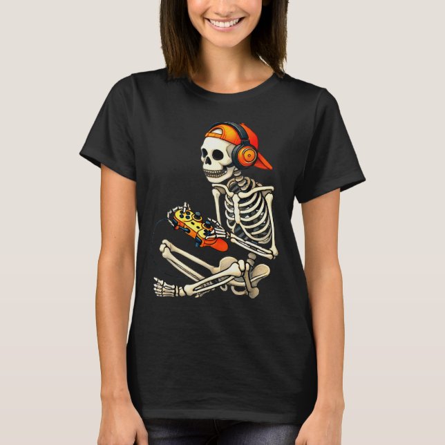 Halloween Skeleton Gamer Video Gaming Boys Men Kid T-Shirt (Front)