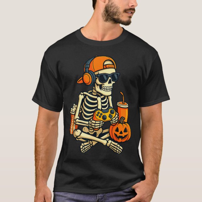 Halloween Skeleton Gamer Video Gaming Boys Men Kid T-Shirt (Front)