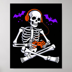 Halloween Skeleton Gamer Video Gaming Boys Men Tee Poster