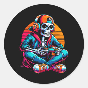 Halloween Skeleton Gamer Video Gaming Classic Round Sticker