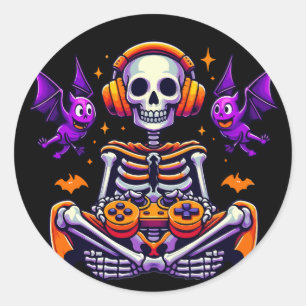 Halloween skeleton gamer video gaming classic round sticker