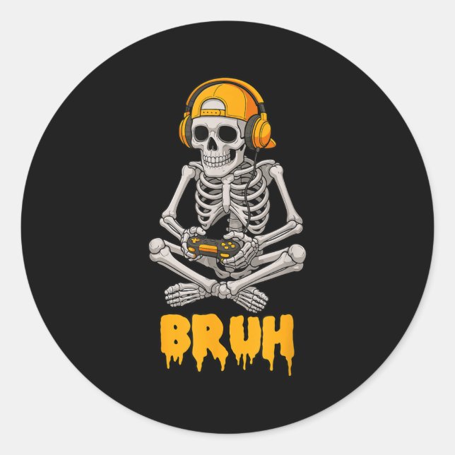 Halloween Skeleton Gamer Video Gaming Funny Skelet Classic Round Sticker (Front)