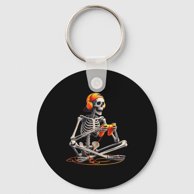 Halloween Skeleton Gamer Video Gaming Funny Skelet Key Ring (Front)
