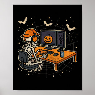 Halloween Skeleton Gamer Video Gaming Funny Skelet Poster