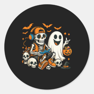 Halloween Skeleton Gamer Video Gaming Ghost Hallow Classic Round Sticker