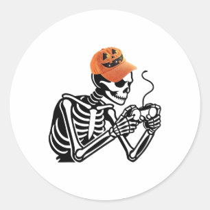 Halloween Skeleton Gamer Video Gaming Men Boys Kid Classic Round Sticker