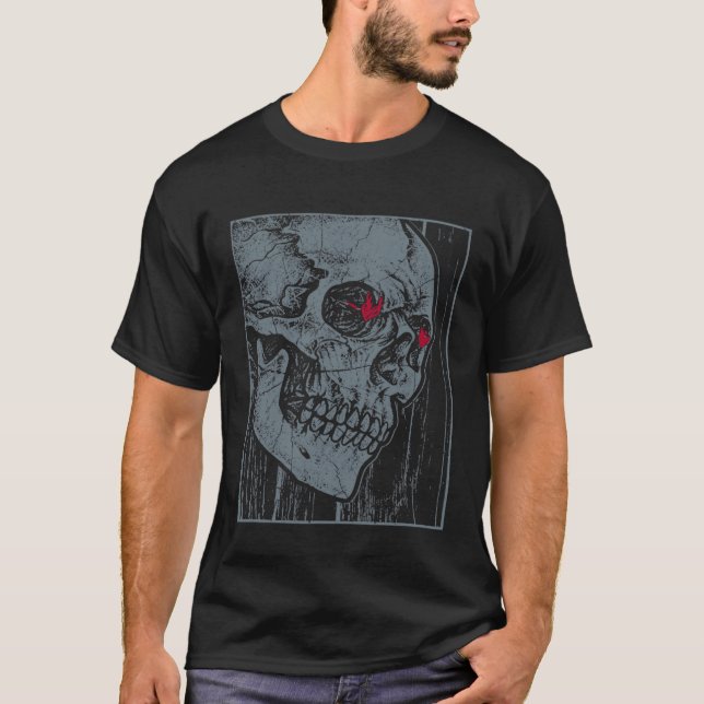 Halloween Skeleton Gothic Flaming Heart Eyes Skull T-Shirt (Front)