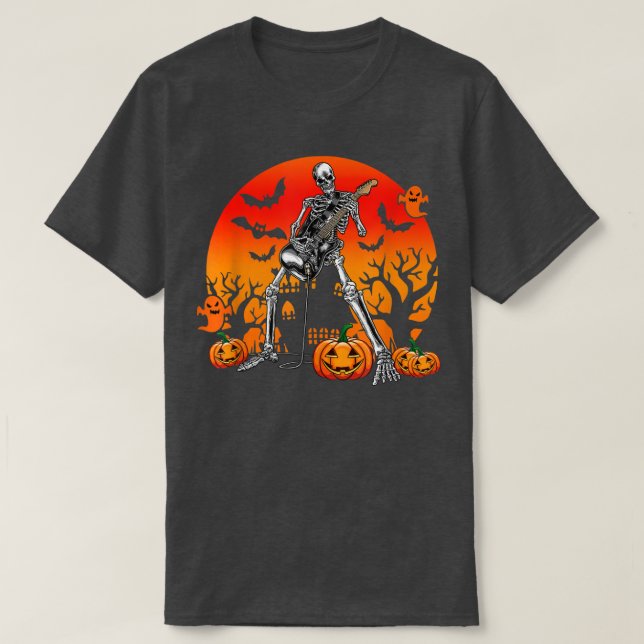 Halloween Skeleton Guitar Rock Band Jack O Lantern T-Shirt (Design Front)