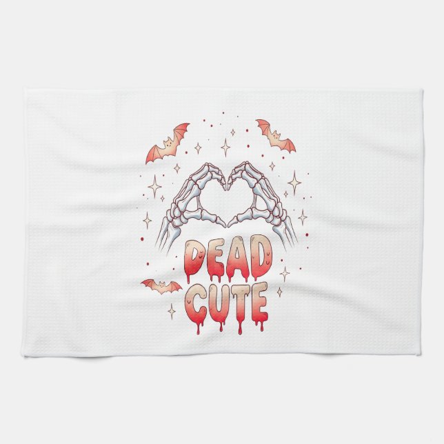 halloween Skeleton Hands Heart, Bats & Blood Tea Towel (Horizontal)