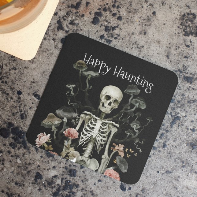 Halloween Skeleton Haunted Forest Black Square Paper Coaster (Creator Uploaded)