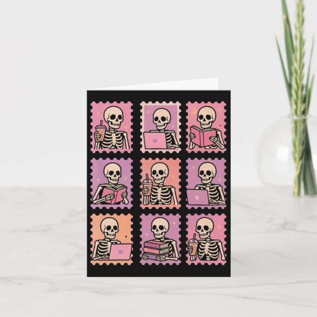 Halloween Skeleton Holding Coffee Postage Stamps S Card (Front)