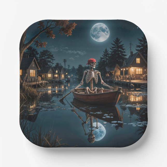 Halloween Skeleton In a Rowboat Paper Plate (Front)