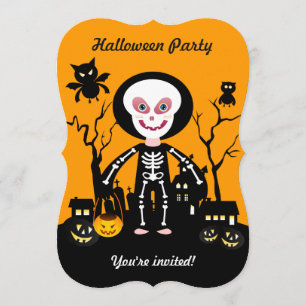 Halloween skeleton kid goes trick or treating invitation