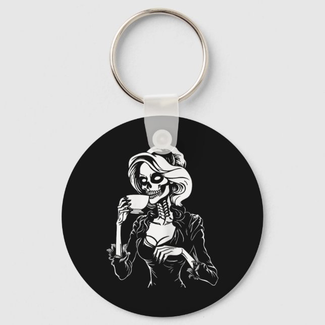 Halloween Skeleton Lazy Skull Drinking Coffee Cost Key Ring (Front)