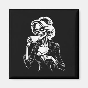 Halloween Skeleton Lazy Skull Drinking Coffee Cost Magnet
