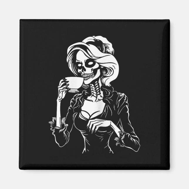 Halloween Skeleton Lazy Skull Drinking Coffee Cost Magnet (Front)