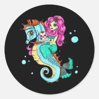 Halloween Skeleton Mermaid Sugar Skull Sea Horse Classic Round Sticker