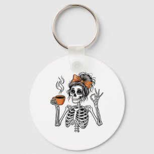 Halloween Skeleton Messy Bun Coffee Funny Costume Key Ring