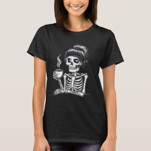 Halloween Skeleton Messy Bun Coffee Funny Costume T-Shirt